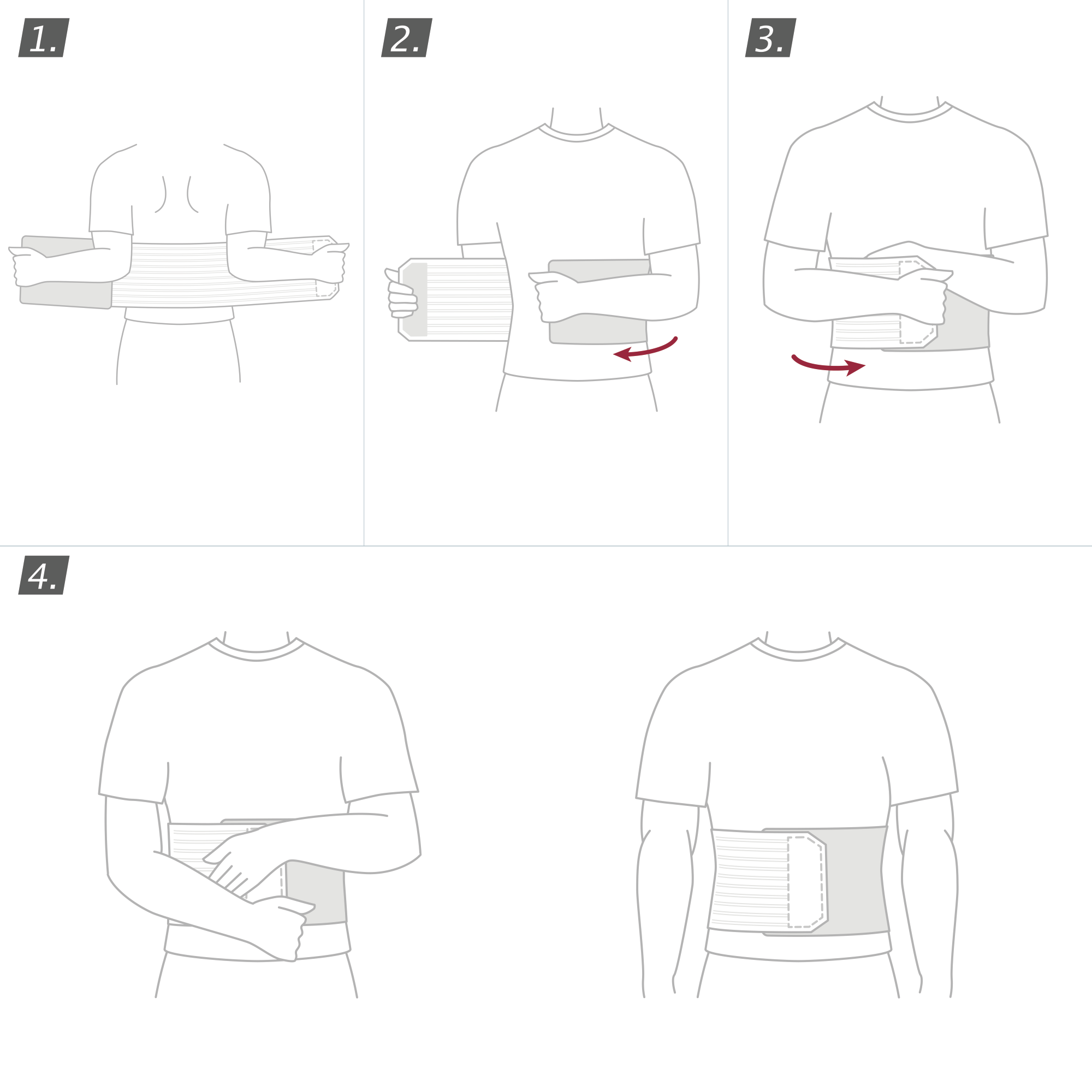 Applicazione della fascia addominale con imbottitura morbida Comfort Actimove Professional Line: avvolgere il lato corretto attorno al corpo e fissare il velcro al supporto secondo necessità
 Applicazione della fascia addominale con imbottitura morbida Comfort Actimove Professional Line: avvolgere il lato corretto attorno al corpo e fissare il velcro al supporto secondo necessità